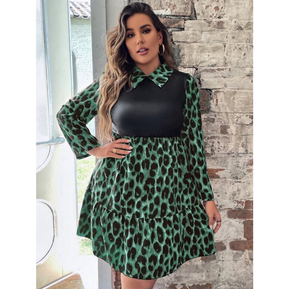 SHEIN Curve Plus Leopard Print Colorblock Ruffle Hem Dress Size 3XL